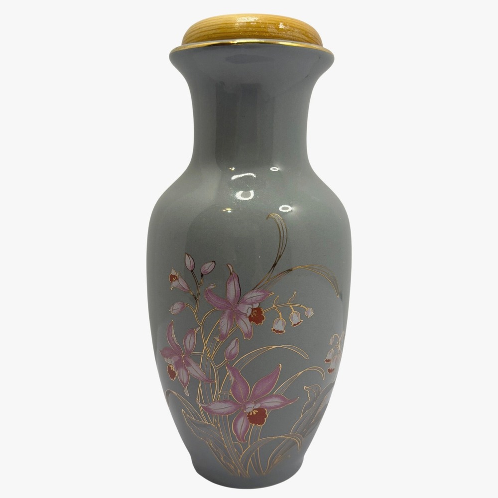 Fine China Japan Grey Ceramic Bud Vase Pink Orchids Gold Gilt with Wood Lid 7in